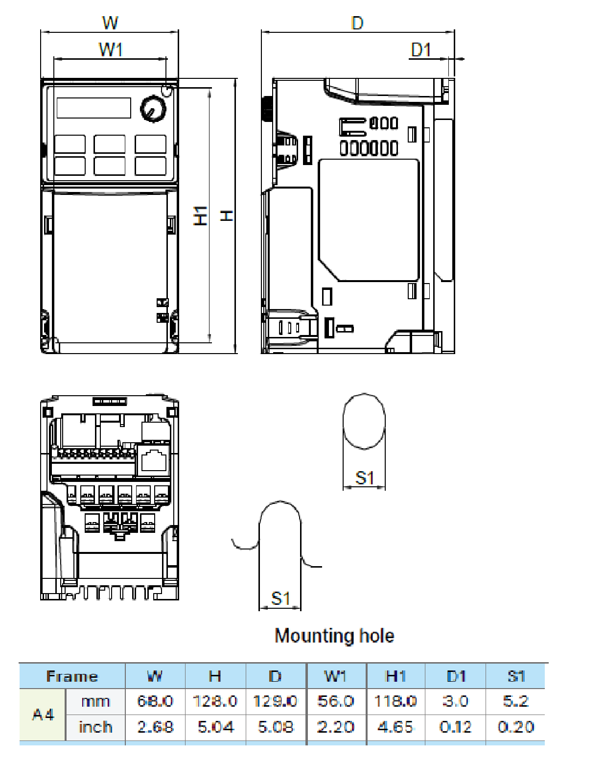 VFD1A5MS43ANSAA dimensions and mounting drawing