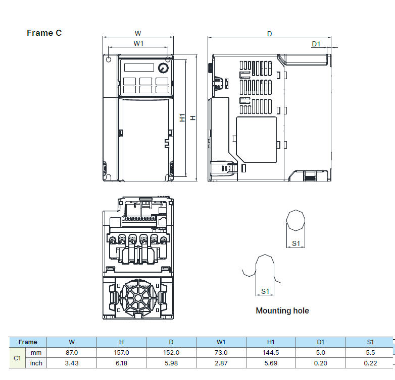 VFD7A5MS21ANSAA dimensions and mounting drawing