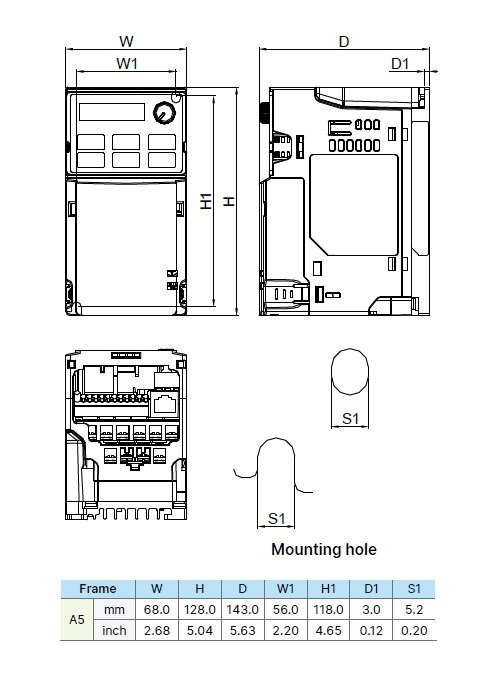 VFD2A7MS43ANSAA dimensions and mounting drawing
